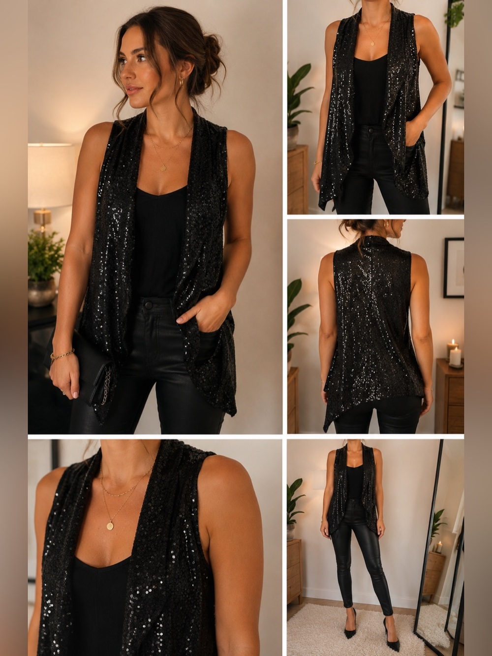 H&M Black Sequin Open Front Draped Vest Cardigan Sleeveless Party Layer